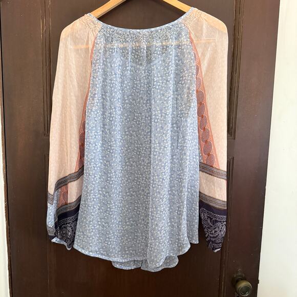 SUNDANCE Blue & pink 100% Silk Boho Mixed Print Chiffon Blouson Blouse Medium - Picture 3 of 9